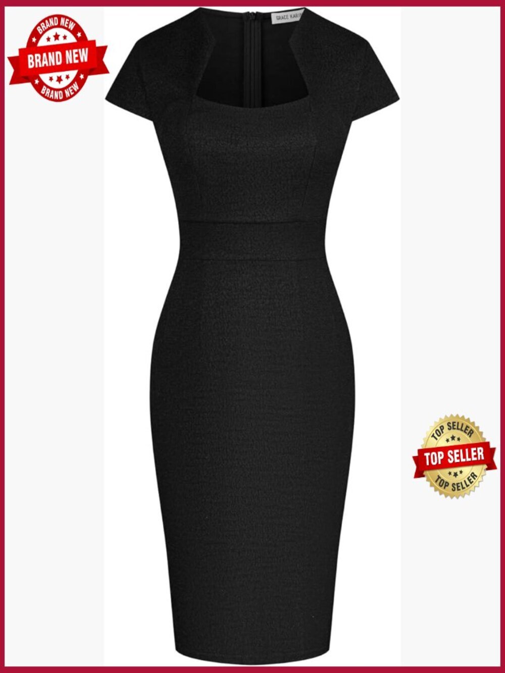 V-Neck Cap Sleeve Tweed Bodycon Pencil Dress Knee-Length Sheath Work Dress